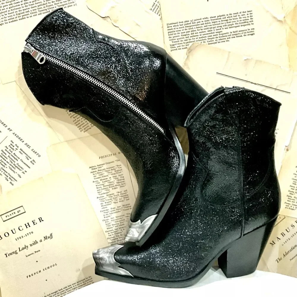 Free People Brayden Western Boot Metallic Black Leather Pewter Etched Tip Zip - Picture 5 of 10